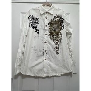 Brad Butter Studded Graphic White Brown Button Down Shirt Y2K Grunge Biker Large
